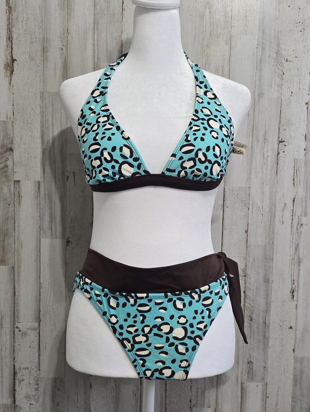 Hobie Blue Leopard Halter Triangle Top Hipster Bottom Bikini Set Size Medium